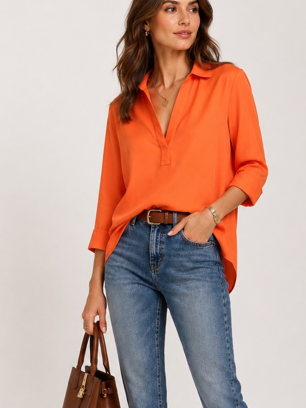 TravelSmith Orange Popover Tunic Blouse Wrinkle Resistant 3/4 Sleeve Top XL